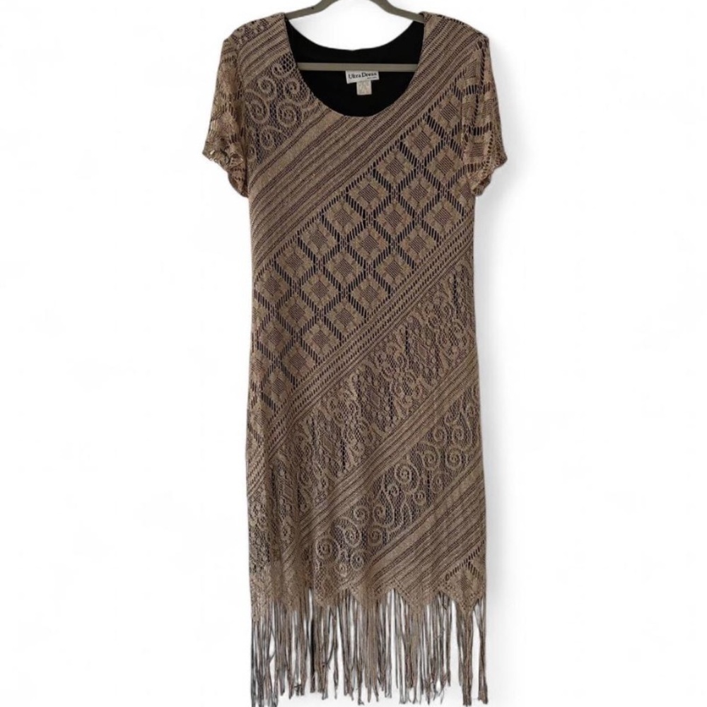 Ultra Dress Collection Taupe Fringe Knit Midi Dress